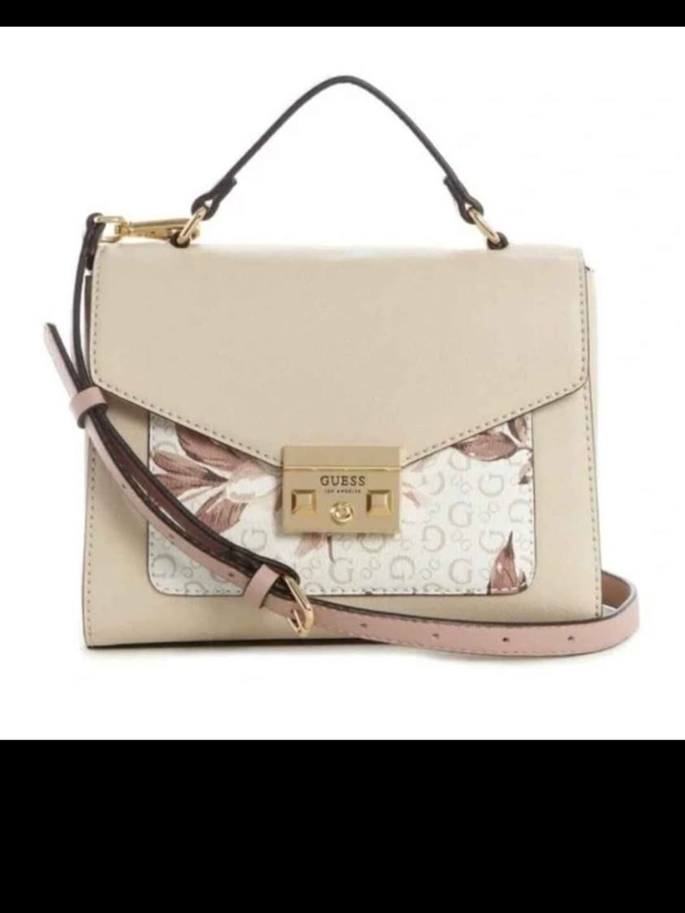 GUESS Beige Satchel with Blush Floral Logo Panel